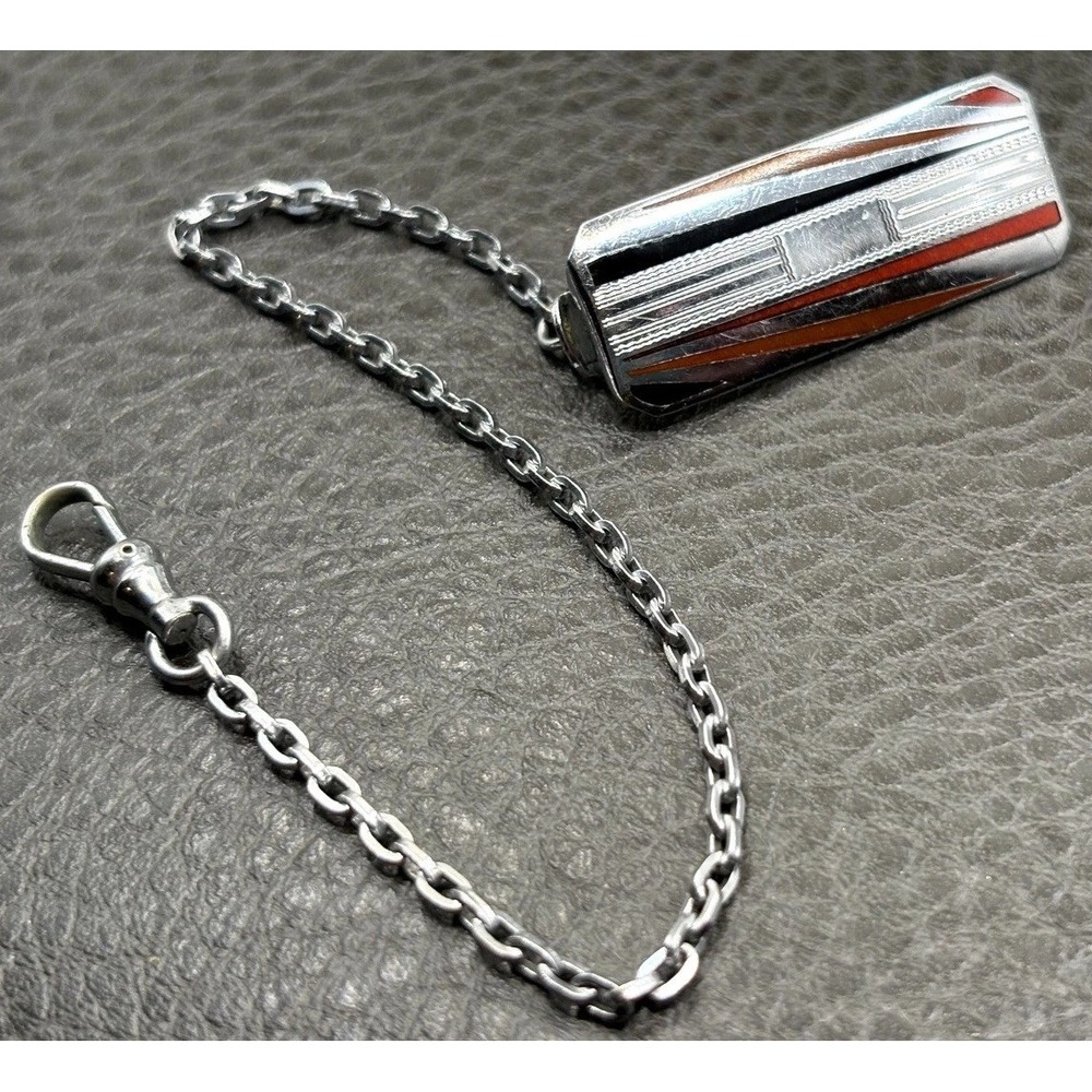 Vintage Art Deco Red Black Enamel Belt Watch Chain Dog Clip Silver Tone